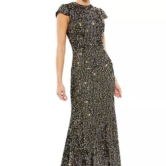 Ieena Mac Duggal Black Gold Sequin Trumpet Gown